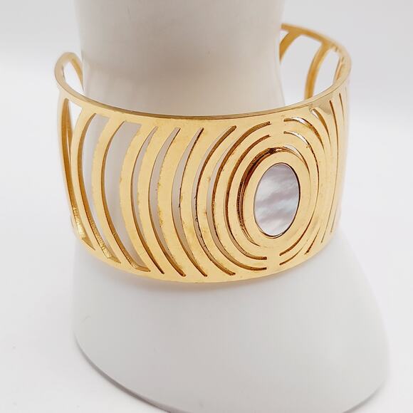 Gold Tone Open Work Cuff Bracelet w/ Mother of Pearl Center - Picture 5 of 7